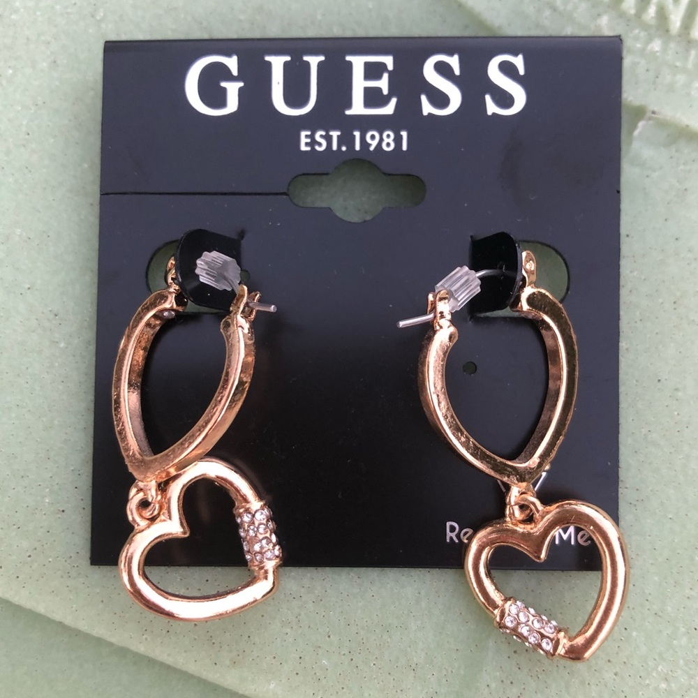 NWT | DKNY | Rose Gold Metal & Crystal Heart Hoop Earrings